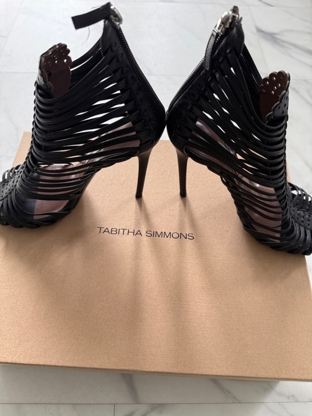 Tabitha Simmons Black Strappy Cage Stiletto Heels